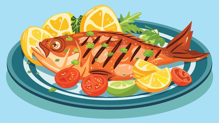 Вектор вкусное блюдо из рыбы на гриле на векторной иллюстрации рисовой тарелки