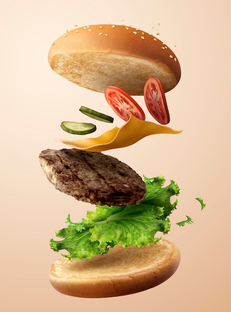 Hamburger delizioso che vola nell'aria nell'illustrazione 3d