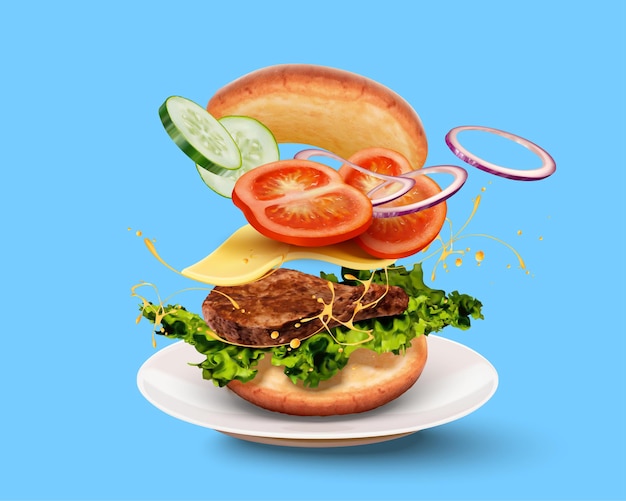 Vettore deliziosi hamburger con ingyellowients che volano in aria su sfondo blu in 3d'illustrazione