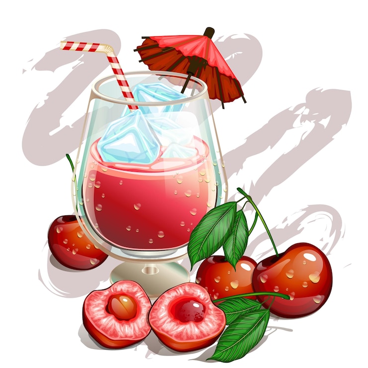 Vector delicious healthy fresh cherry juice fruits top view