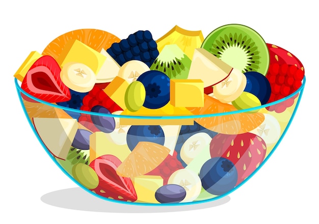 Vector delicious and healthy fruit salad with different fruits and berries in glass bowl