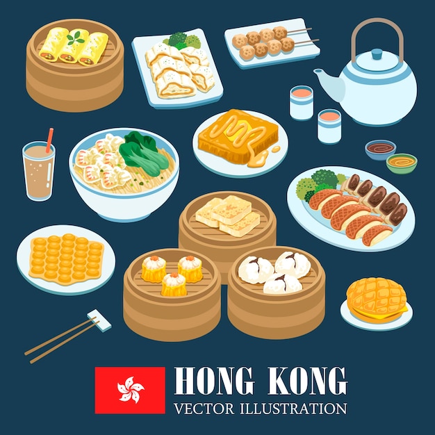 Vector delicious hong kong cuisines collection in flat style