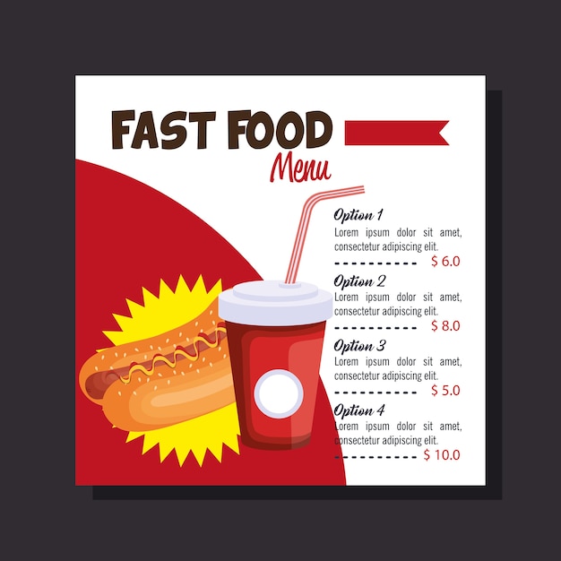 Carta del menu del ristorante fast food delizioso hot dog