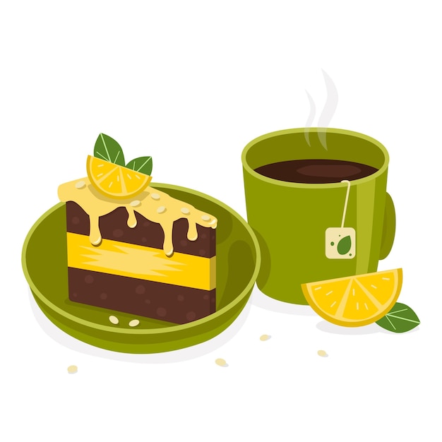 Vector delicious hot tea and a plate with a delicate chocolate-lemon slice of cake.