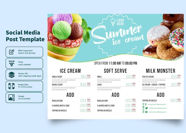 Delizioso volantino per cubetti di gelato e modello di poster per il vettore premium del modello di post sui social media