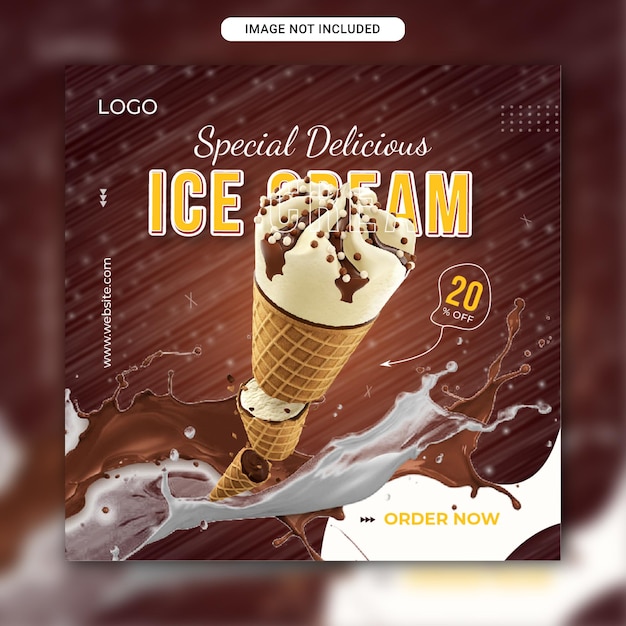 Вкусное мороженое, реклама в социальных сетях и шаблон поста о еде в Instagram