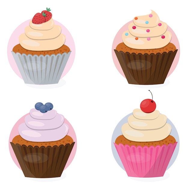 Vector delicious illustration set, image of a set of cupcakes with strawberries, cherries and blueberries