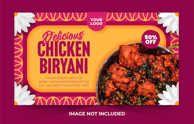 Vettore delizioso menu di cibo indiano e modello di progettazione di banner biryani di pollo