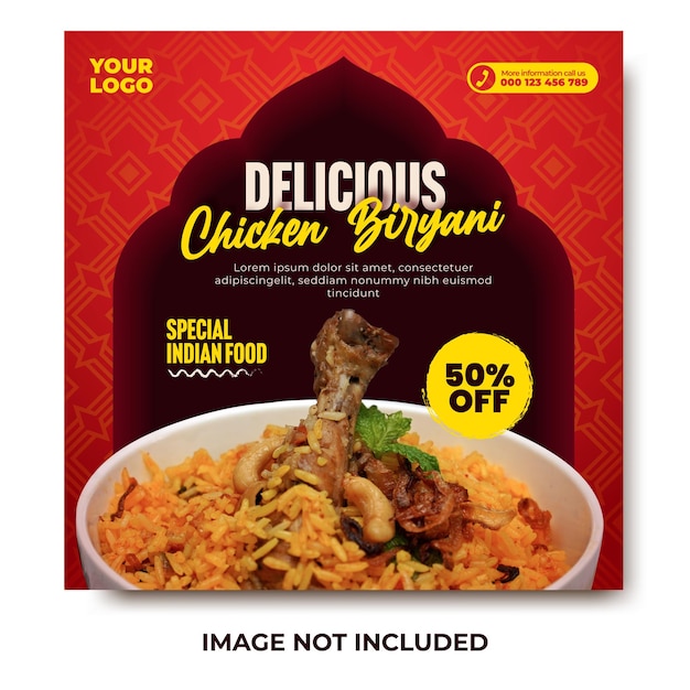 Delicious indian food menu and chicken biryani social media post and web banner template