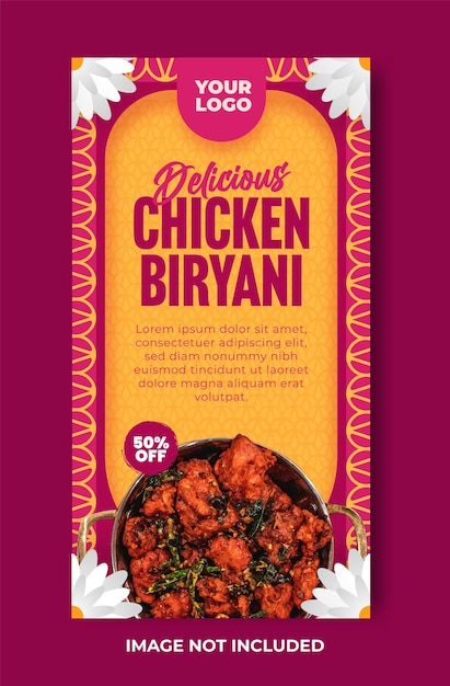 Вкусное меню индийской кухни и шаблон оформления историй в социальных сетях с курицей бирьяни