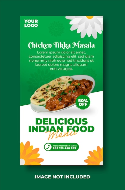 Delicious indian food menu and chicken tikka masala social media stories design template