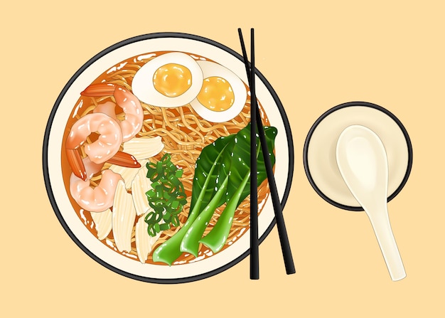 Vector delicious japanese ramen noodle cartoon illustration top view