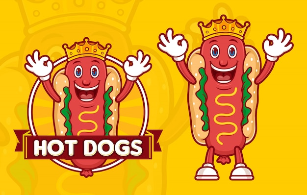 Delicious king hot dogs logo template, with funny cartoon character