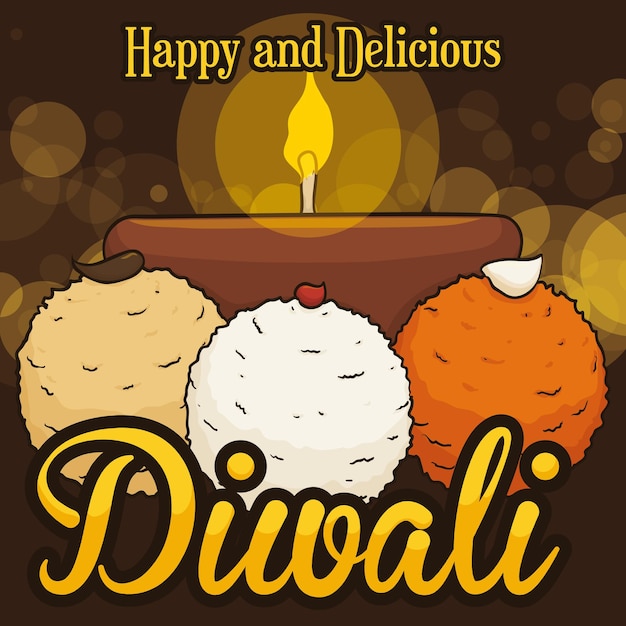 Vector delicious laddus dessert with various flavors and lighted diya lamp to celebrate diwali festival