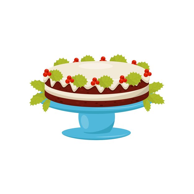 Delicious layered cake decorated with vanilla glaze and red berries with green leaves Traditional Christmas dessert on blue stand Sweet food theme Flat vector icon isolated on white background