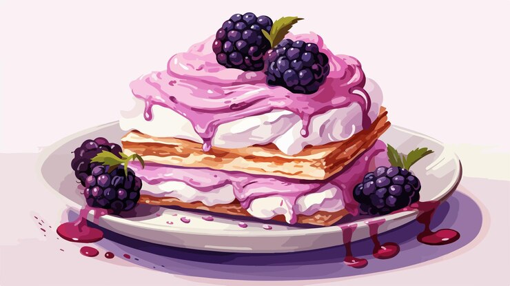 Vector delicious lilac dessert with fresh berries on white background