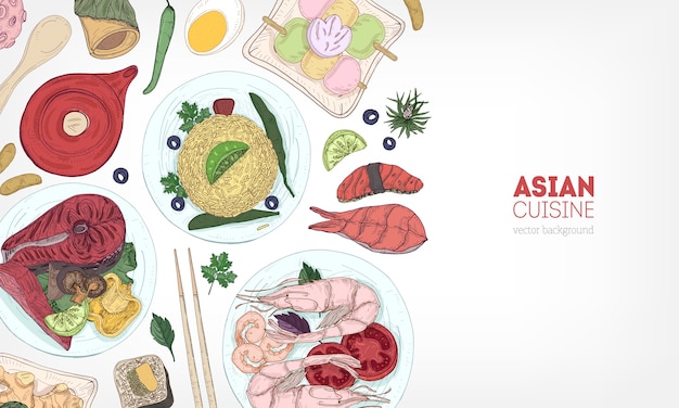 Vettore deliziosi pasti della cucina asiatica e prodotti alimentari