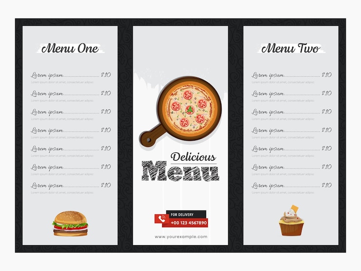Vector delicious menu card template or trifold brochure layout in gray and black color
