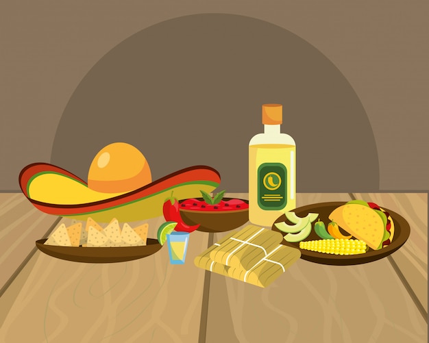 Вектор Вкусная мексиканская еда мультфильм на столиков в ресторане