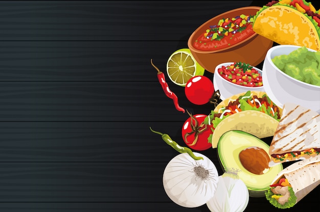 Delicious mexican food with ingredients on black background