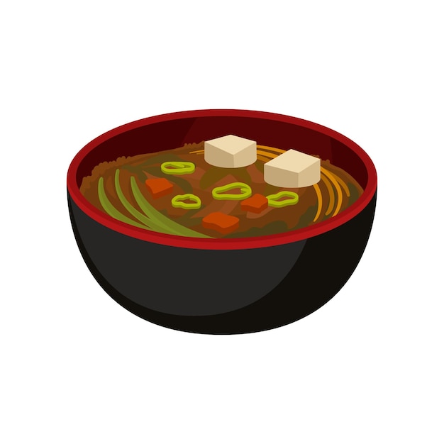 Delicious miso soup in black bowl Traditional Japanese dish Flat vector element for promo poster cafe or restaurant menu