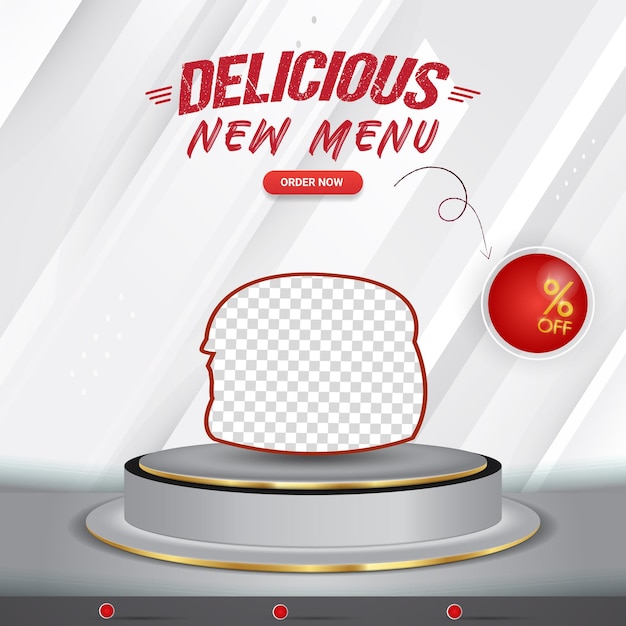 Delicious new menu sale square banner for social media post with copy space 3d podium for product sale with abstract gradient white and grey background design