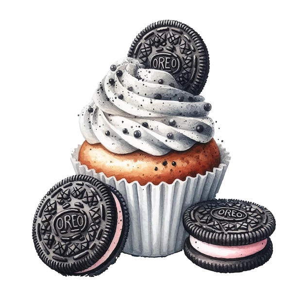 Vector delicious oreo cupcake in watercolor style