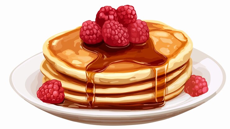 Vector delicious pancakes with raspberries and maple syrup