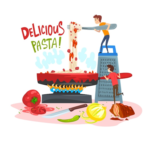 Delicious pasta little people cooking traditional Italian pasta design element for banner poster greeting card vector Illustration web design