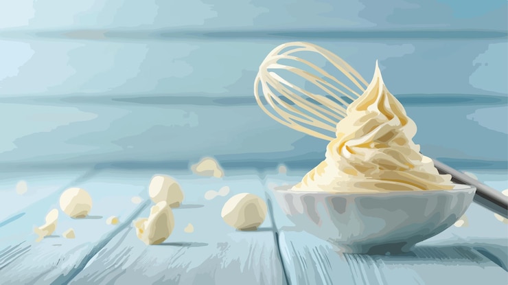 वेक्टर delicious pastry cream being prepared with balloon whisk on light blue wooden table