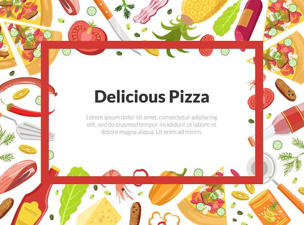 Delicious Pizza Card Template with Cooking Ingredients Element Can be Used for Restaurant Cafe Flyer or Certificate Vector Illustration