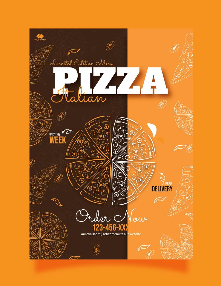 Delicious Pizza and food menu flyer template with hand drawing