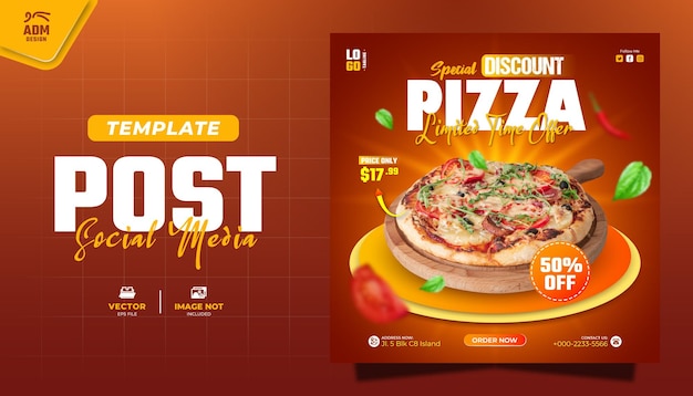 美味しいピザとフードメニュー ソーシャルメディア プロモーションのためのフライヤーとバナーテンプレート