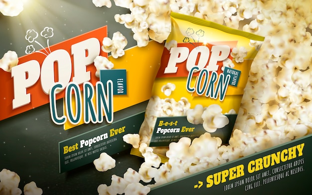 Annunci di popcorn deliziosi, popcorn sparsi con pacchetto di alluminio