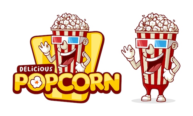 Vettore modello di logo delizioso popcorn, con carattere divertente