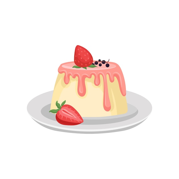 Delicious pudding with pink glaze and ripe strawberry on top british cuisine traditional english dessert flat vector for cafe menu