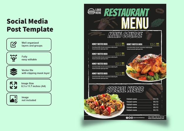 Vettore delizioso volantino e poster del menu di articoli di pollo del ristorante per il modello di post sui social media