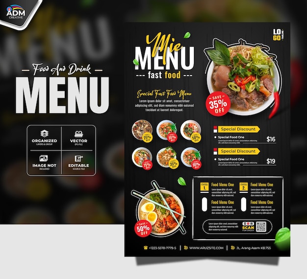 Delicious Restaurant Food Menu Specila Mie Menu Banner en Flyer Ontwerp Templates