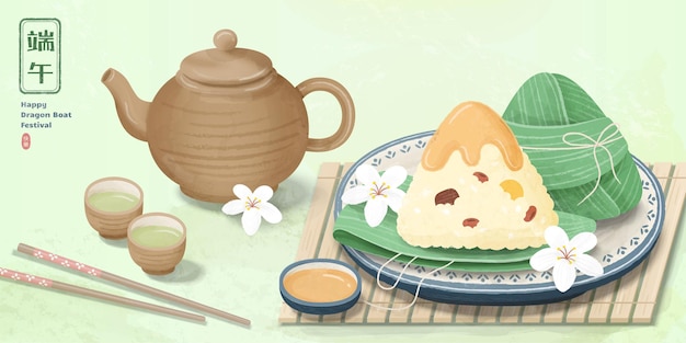 Delicious rice dumplings and hot tea set