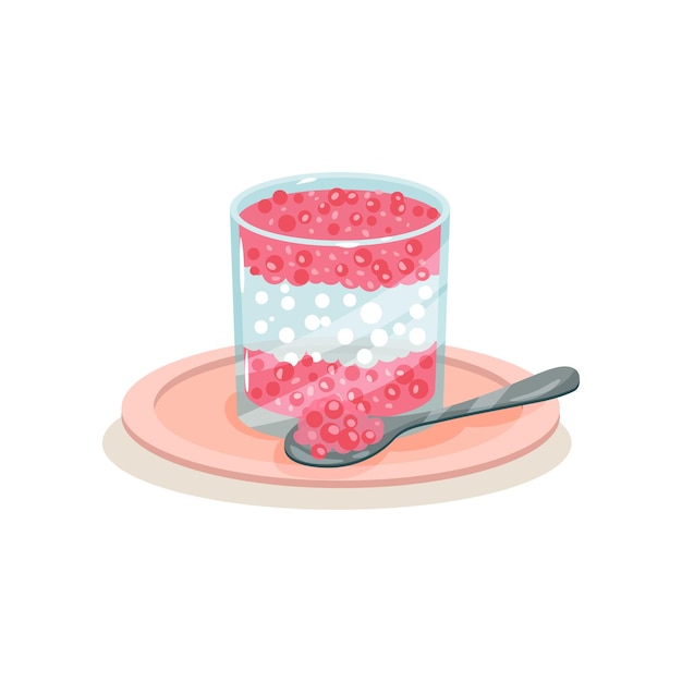 Delizioso budino di sago in bicchiere e cucchiaio delizioso dessert malese cibi dolci tema culinario elemento grafico per il menu del caffè illustrazione vettoriale colorata in stile piatto isolata su sfondo bianco