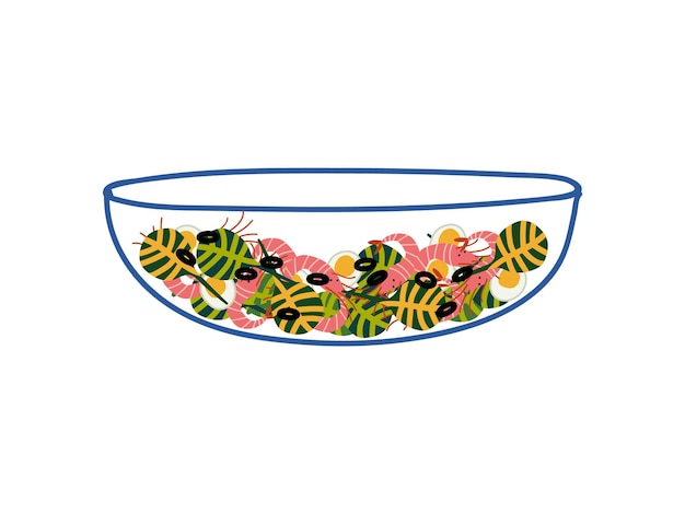 Delicious salad with shrimps in glass transparent bowl fresh healthy dish vector illustration