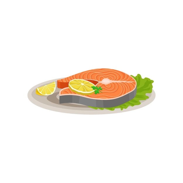 Delicious salmon fish with slices of lemon and fresh lettuce leaf on ceramic plate Tasty dish for holiday dinner Flat vector icon