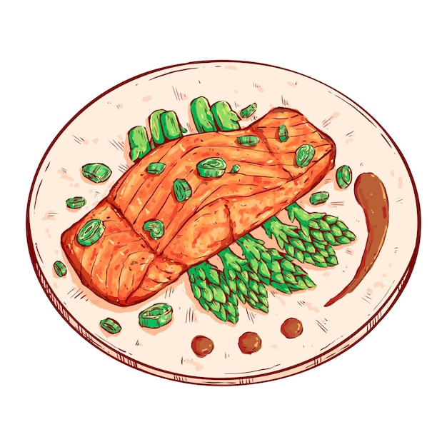 Delicious salmon with asparagus illustration. Tasty food hand draw