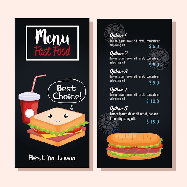 Delicious sandwich fast food restaurant menu card