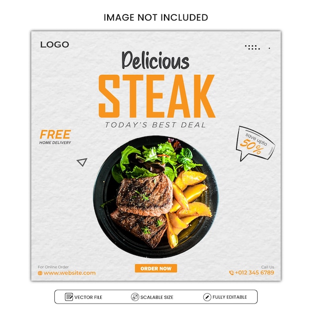 Шаблон баннера в социальных сетях меню "Вкусный стейк и еда"