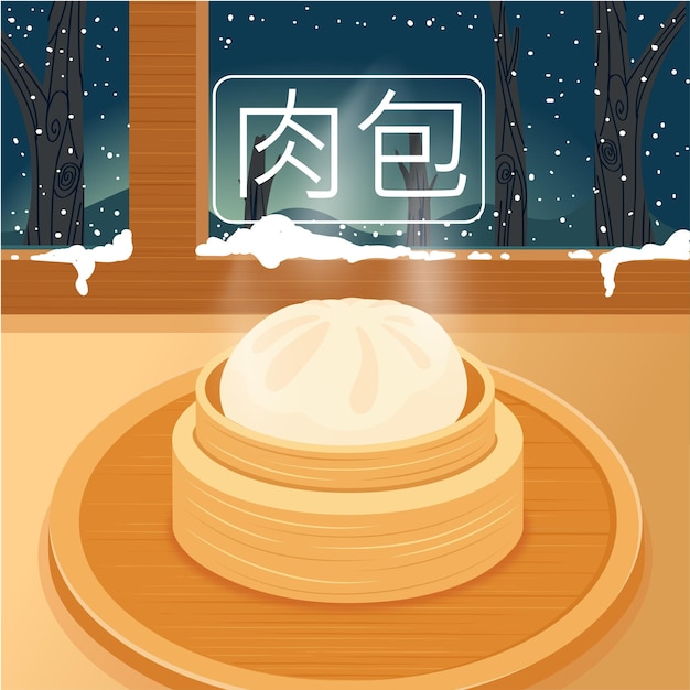 Delicious steamed bun bakpao chinese food with winter background