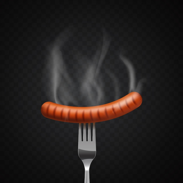 Vector delicious steaming sausage on a fork on dark