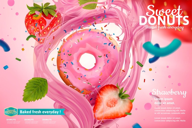 Vector delicious strawberry donut with fresh fruits and splashing sauce banner