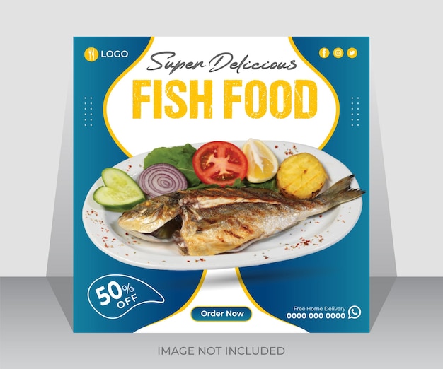 Вкусная супер рыбная еда в социальных сетях и шаблон поста в instagram