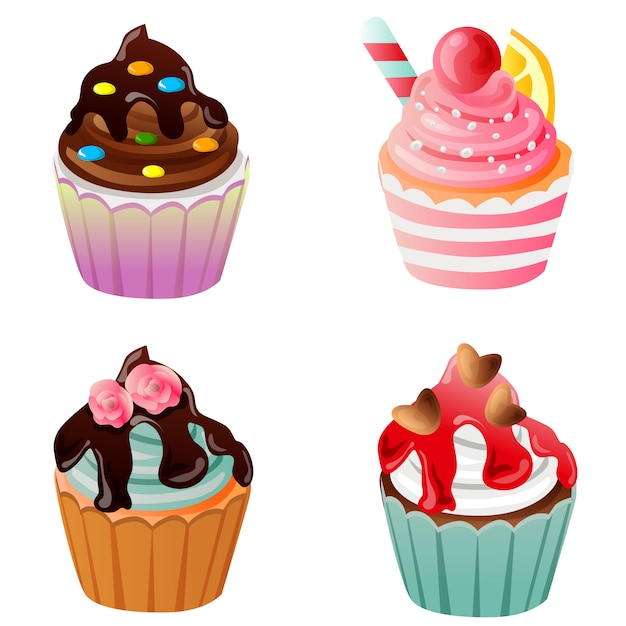 Delicious sweet cupcake set icon